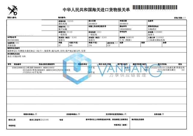 加拿大進口波士頓龍蝦報關