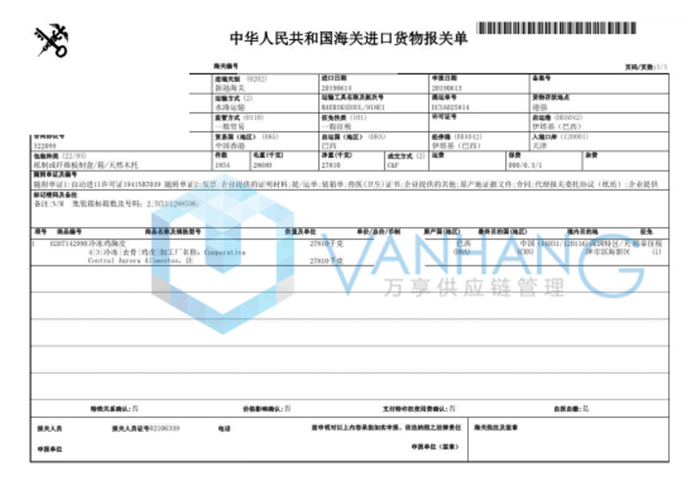 巴西冷凍雞肉進口報關手續