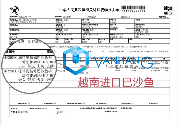 越南冷凍巴沙魚柳進口清關資料