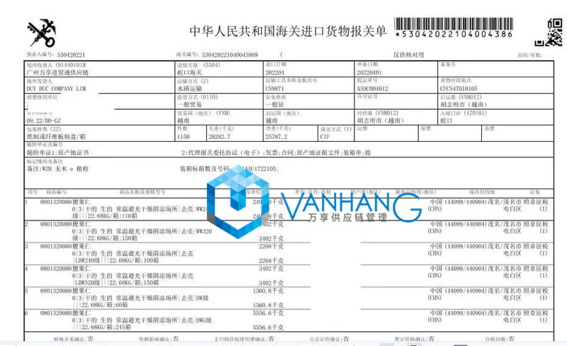 越南進口腰果仁清關資料