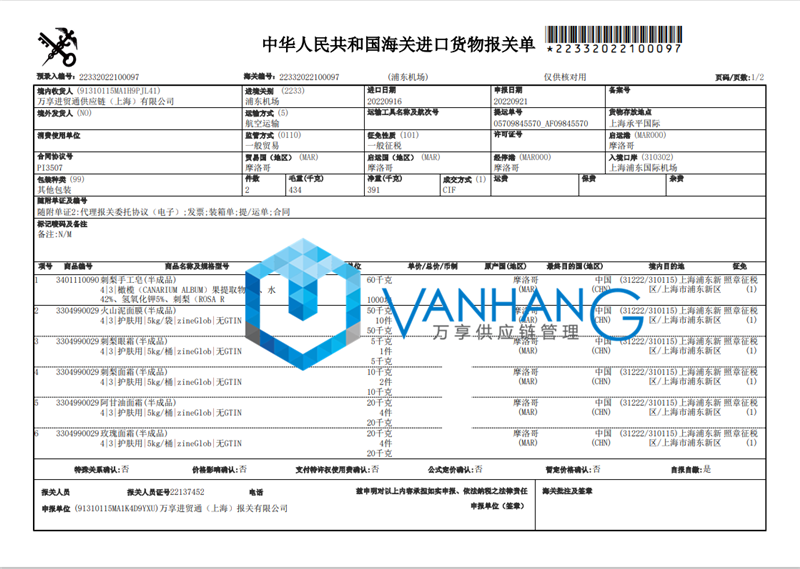 摩洛哥化妝品半成品進口報關資料