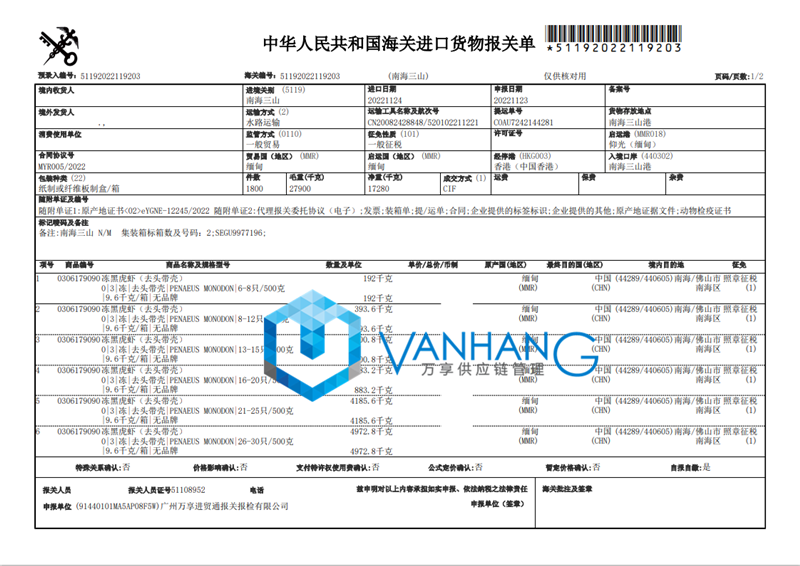 緬甸冷凍黑虎蝦進口報關流程