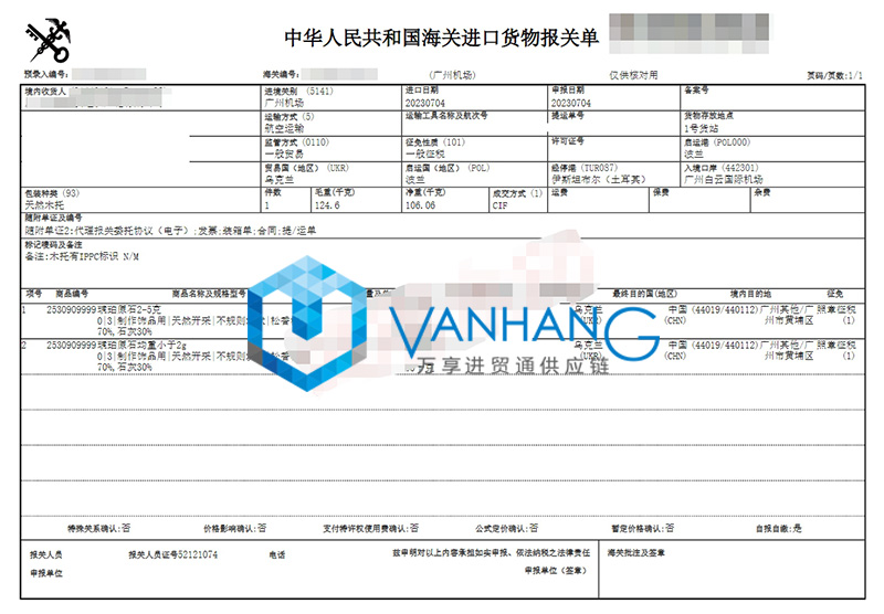 烏克蘭琥珀原石進口清關資料